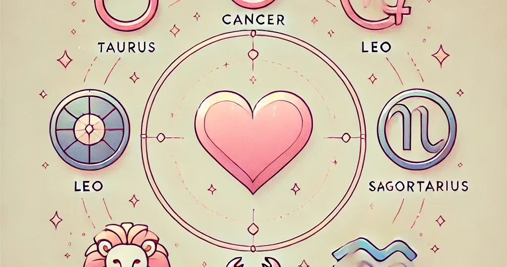 DALL·E 2024 11 13 03.57.42 An image representing loyalty and zodiac signs for women. The image features six zodiac symbols Taurus Cancer Leo Scorpio Sagittarius Aquarius